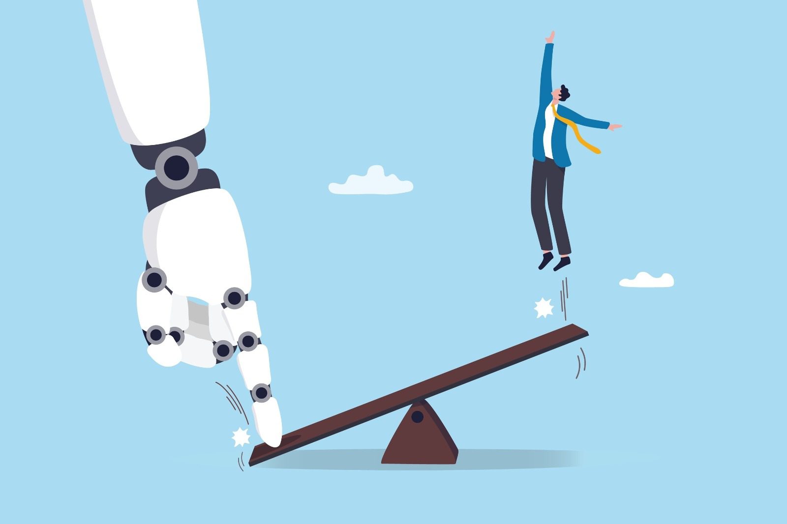 שיווק דיגיטלי בעידן ה-AI – יד רובוטית משפיעה על מאזן ואדם מזנק למעלה